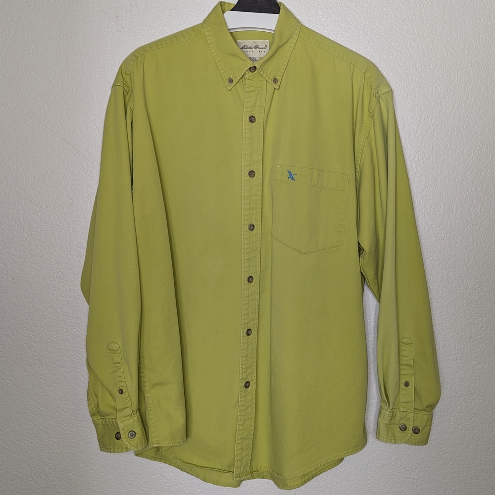 VTG Eddie Bauer Long Sleeve Button Down Twill Shirt Pistachio Men's M 90's Y2K‎